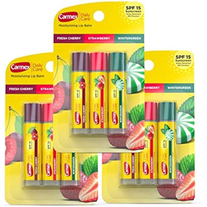 CARMEX DAILY CARE MOISTURIZING LIP BALM STICKS, SPF 15, MULTI-FLAVOR LIP BALM PACK, 9 COUNT (3 PACKS OF 3) - Image 1